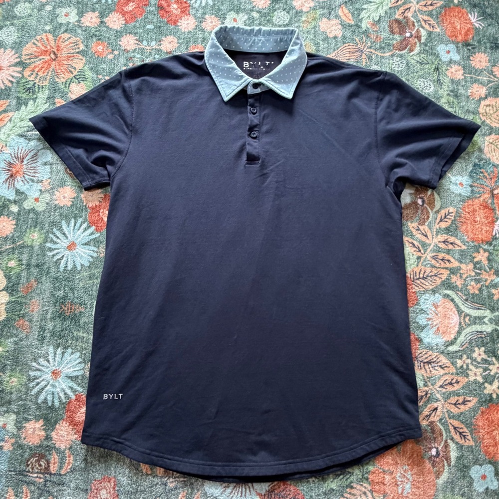 BYLT‎ Premium Basics Mens Black Short Sleeve Polo Baby Blue Polka Dot Collar Med